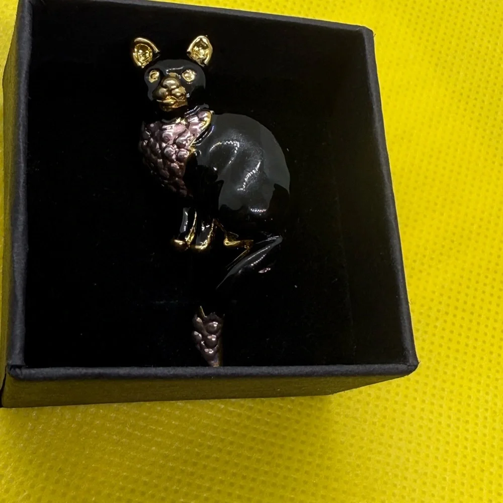 Vintage Black Cat Brooch with Gold and pink Accents